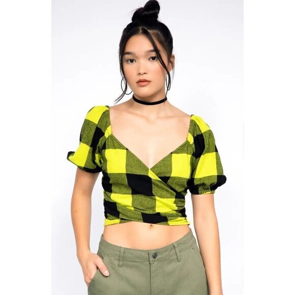 𝅺BP + Wildfang Plaid Surplice Top Sz XSmall Womens Bubble Sleeve Smocked Back - Picture 1 of 6
